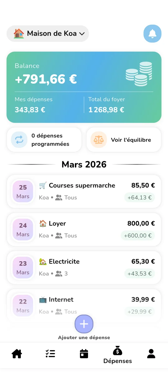 Interface de budget partagé et de répartition des dépenses