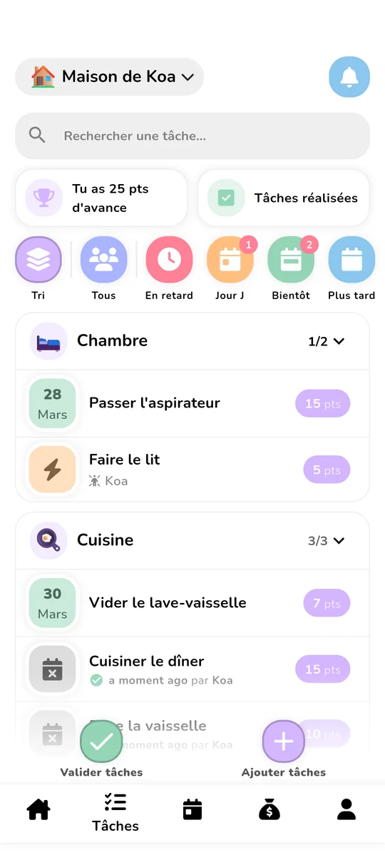 Écran de gestion des tâches avec points et classement