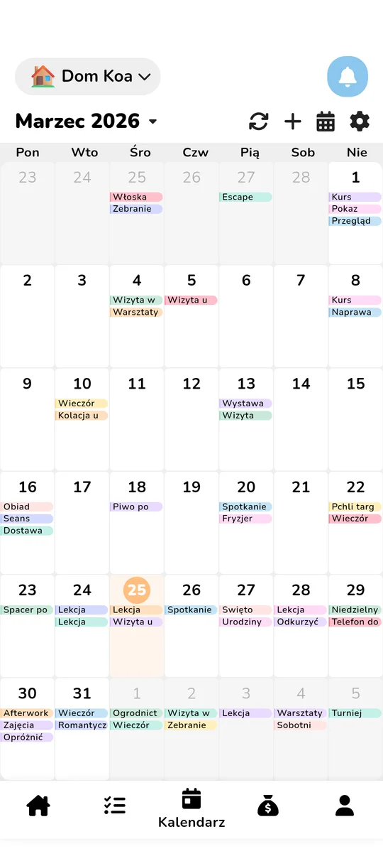 Widok wspólnego kalendarza rodzinnego