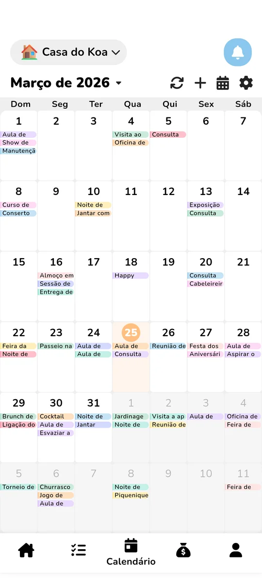 Visualização do calendário familiar compartilhado